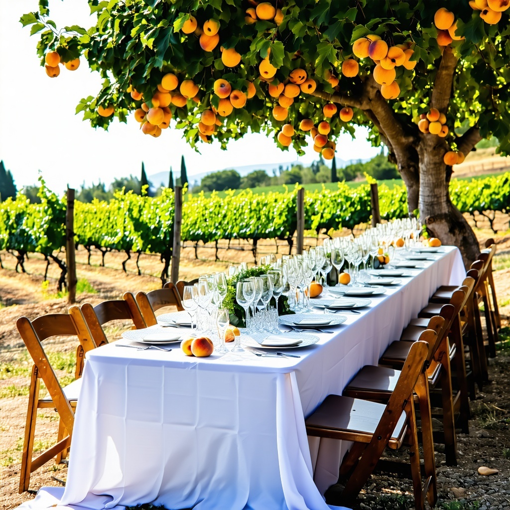 A beautifully styled table for a wedding or event under an apricot tree or in a vineyard eg Voskevaz winery