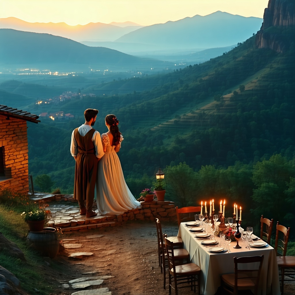 A cinematic wideangle photograph of a couple standing on a hilltop overlooking lush valleys and ancient monasteries in Armenia during golden hour The atmosphere is dreamy and warm with soft sunlight casting long shadows In the distance a table set fo-1-1 A cinematic wideangle photograph of a couple standing on a hilltop overlooking lush valleys and ancient monasteries in Armenia during golden hour The atmosphere is dreamy and warm with soft sunlight casting long shadows In the distance a table set fo-1-1